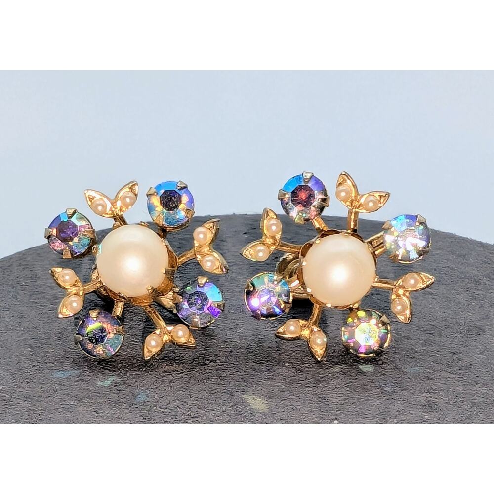 Vintage 50s AB Crystal Faux Pearls Gold Tone Screw On Earrings